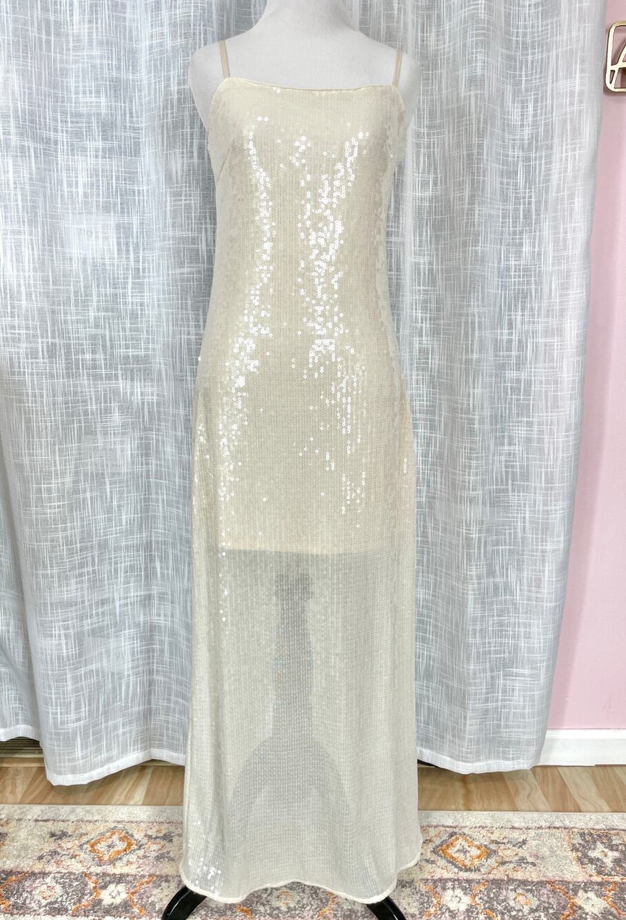 Hutch Anthropologie Sequin Slip Dress S Cream Glam Party Formal Event Sheer Prom